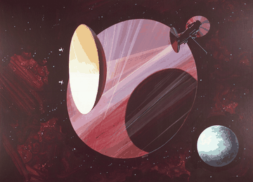 1970s NASA painting of workers and machines assembling a huge wheel-shaped space colony in orbit